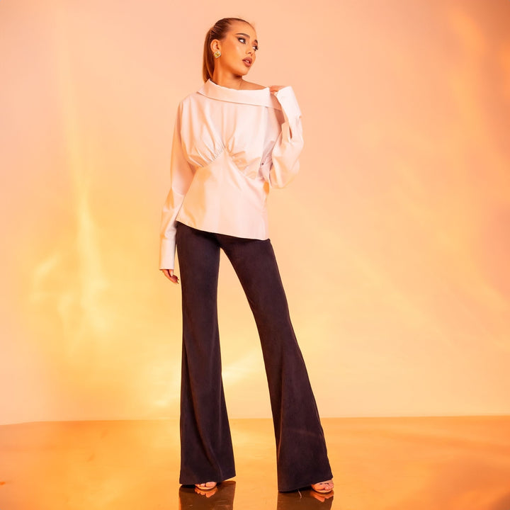 Pantaloni Evazati Bleumarin cu Funda  Raiat Elegant Carolina D
