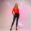 Pantaloni modelatori cu talie inalta si benzi satinate cu reglaje metalice