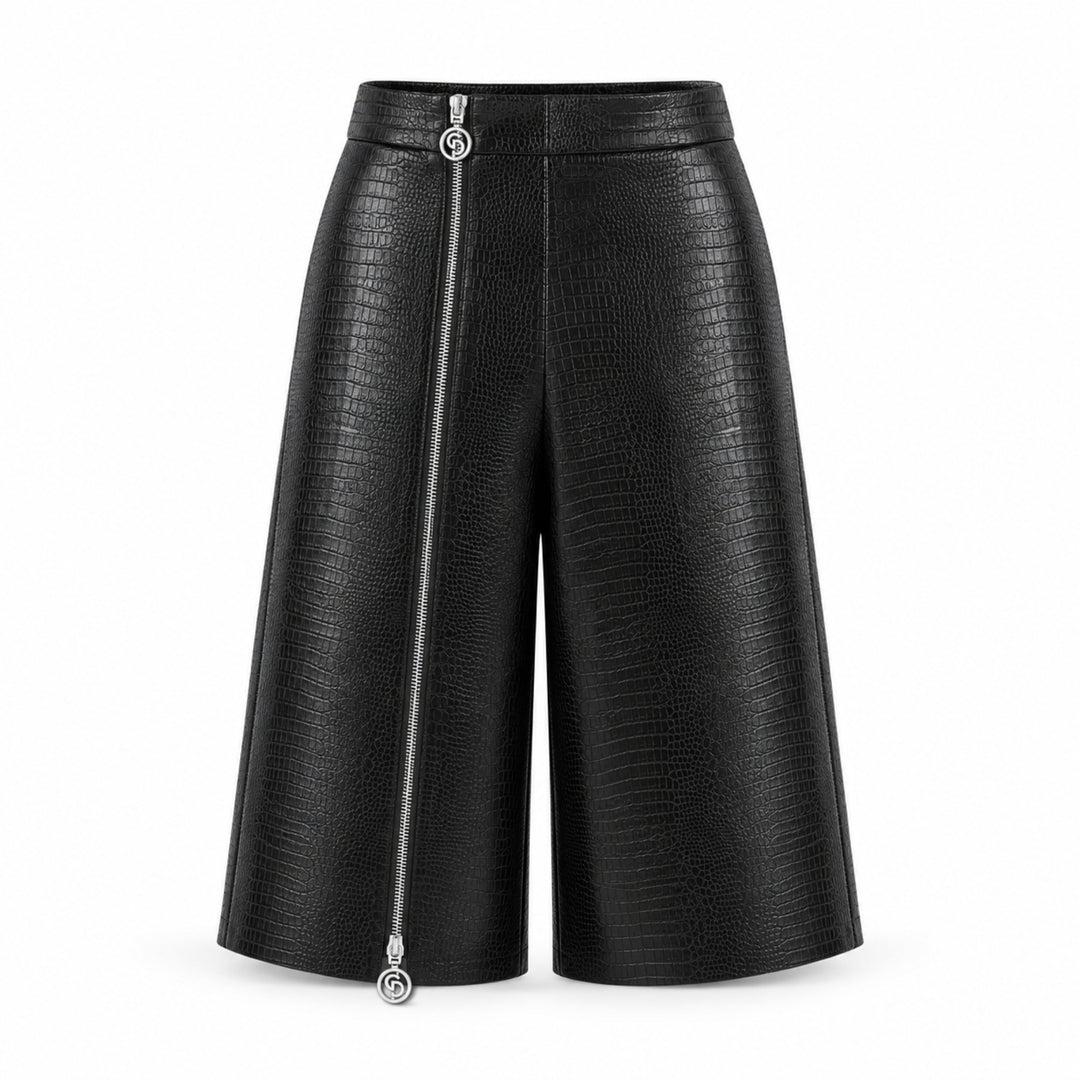 Pantaloni 3/4 Dama Piele Vegană Croc, textura catifelata, Croi Oversized & Fermoar Dublu-Sens