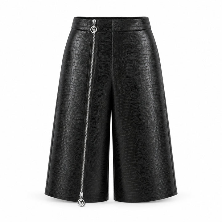 Pantaloni 3/4 Dama Piele Vegană Croc, textura catifelata, Croi Oversized & Fermoar Dublu-Sens