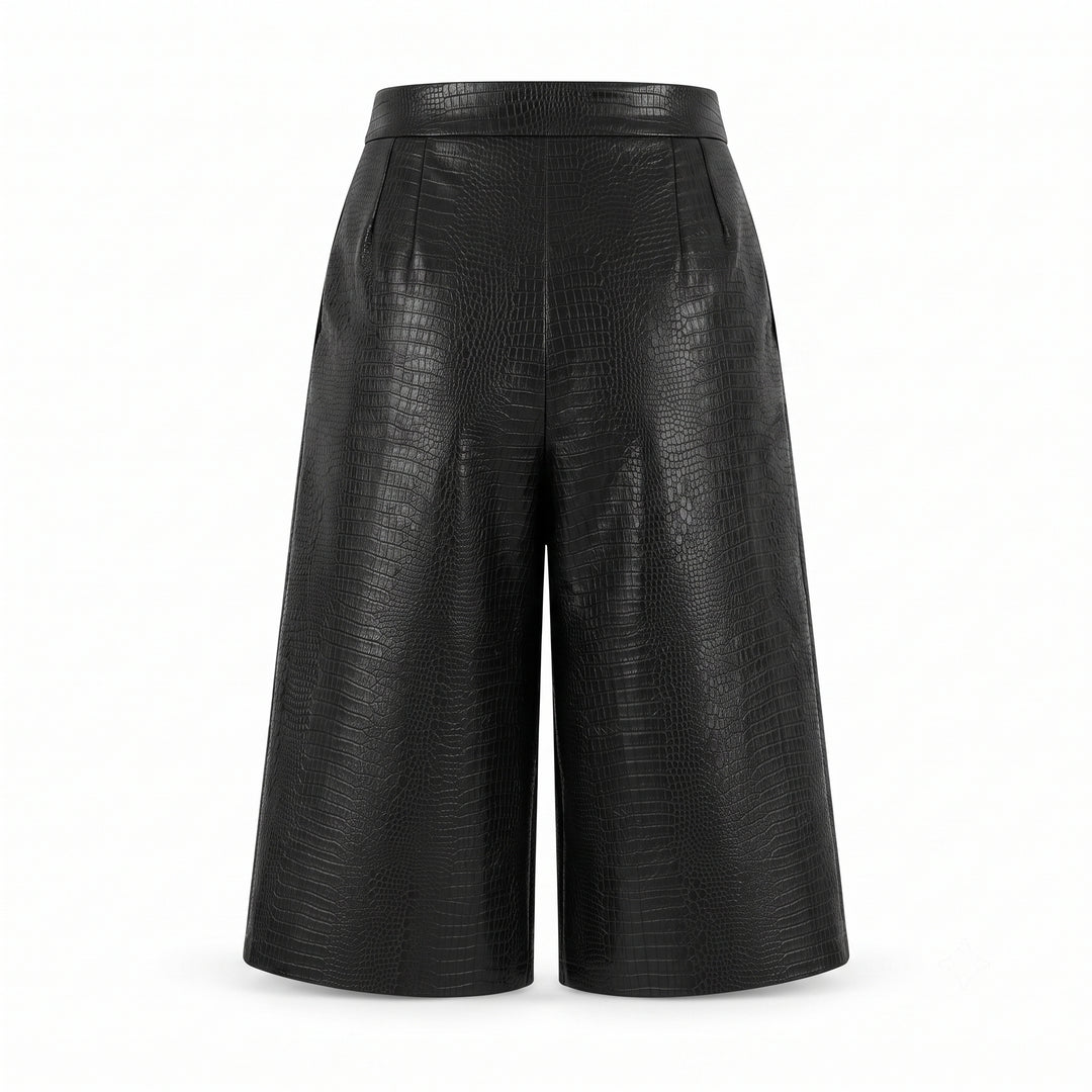 Pantaloni 3/4 Dama Piele Vegană Croc, textura catifelata, Croi Oversized & Fermoar Dublu-Sens