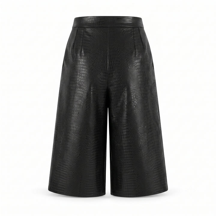 Pantaloni 3/4 Dama Piele Vegană Croc, textura catifelata, Croi Oversized & Fermoar Dublu-Sens