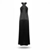 rochie lungă satin negru, rochie elegantă de gală, rochie designer damă, rochie ocazie premium, rochie halter satin, rochie neagră elegantă, rochie eveniment femei, rochie sofisticată modernă