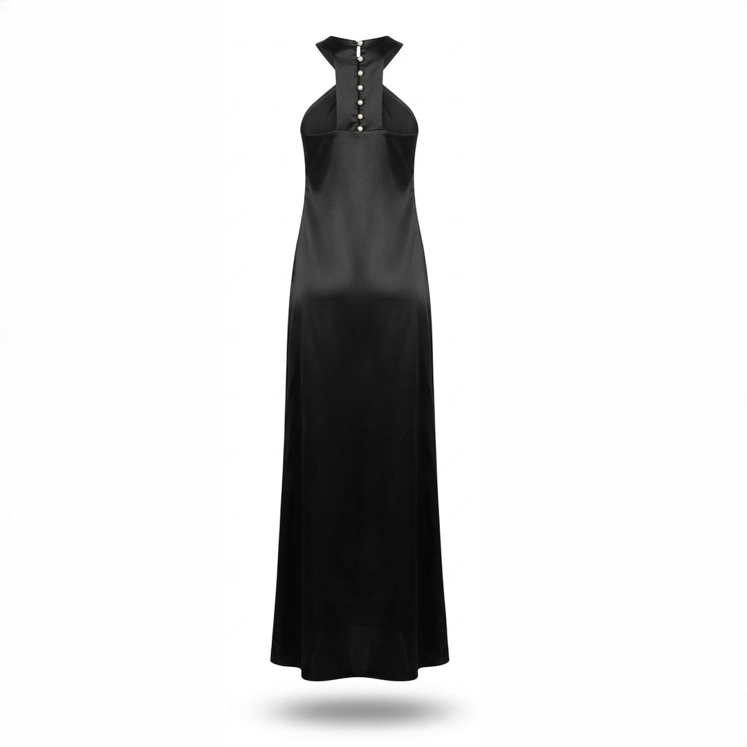 rochie lungă satin negru, rochie elegantă de gală, rochie designer damă, rochie ocazie premium, rochie halter satin, rochie neagră elegantă, rochie eveniment femei, rochie sofisticată modernă