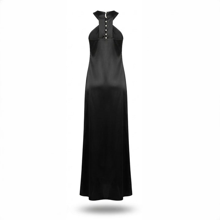rochie lungă satin negru, rochie elegantă de gală, rochie designer damă, rochie ocazie premium, rochie halter satin, rochie neagră elegantă, rochie eveniment femei, rochie sofisticată modernă