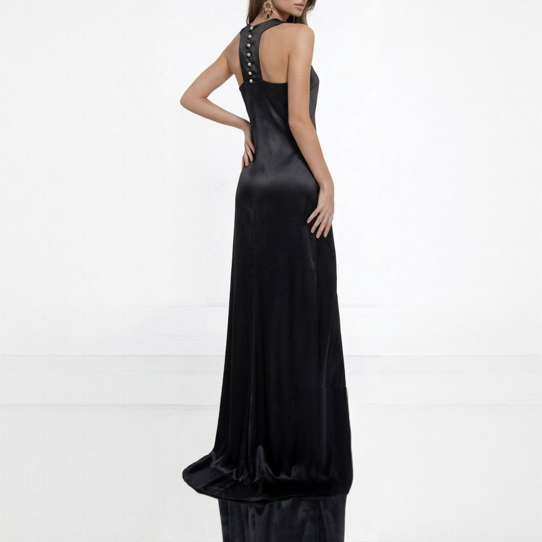 rochie lungă satin negru, rochie elegantă de gală, rochie designer damă, rochie ocazie premium, rochie halter satin, rochie neagră elegantă, rochie eveniment femei, rochie sofisticată modernă