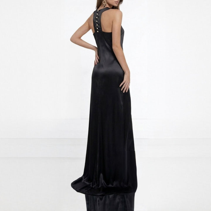 rochie lungă satin negru, rochie elegantă de gală, rochie designer damă, rochie ocazie premium, rochie halter satin, rochie neagră elegantă, rochie eveniment femei, rochie sofisticată modernă