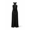 rochie lungă satin negru, rochie elegantă de gală, rochie designer damă, rochie ocazie premium, rochie halter satin, rochie neagră elegantă, rochie eveniment femei, rochie sofisticată modernă