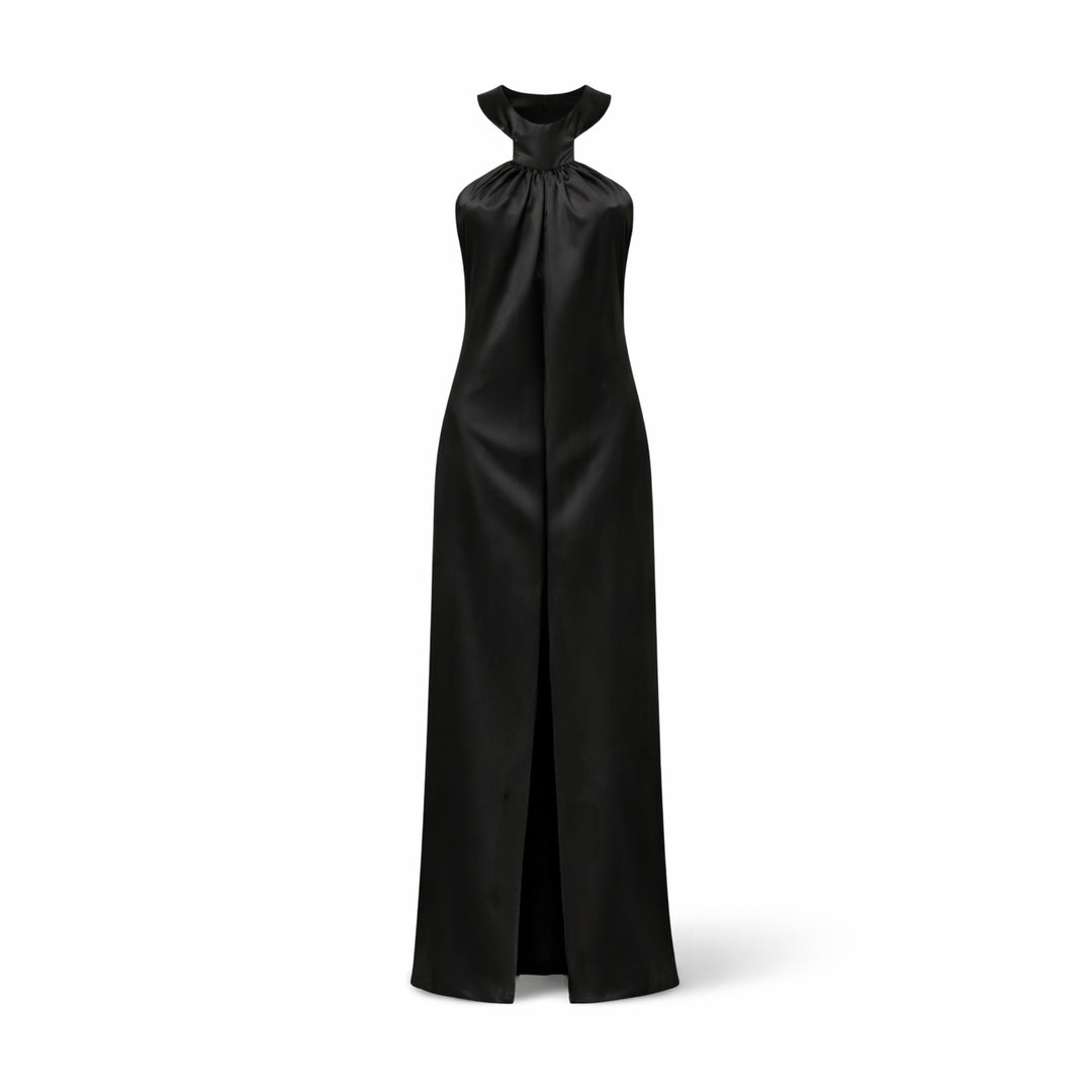 rochie lungă satin negru, rochie elegantă de gală, rochie designer damă, rochie ocazie premium, rochie halter satin, rochie neagră elegantă, rochie eveniment femei, rochie sofisticată modernă