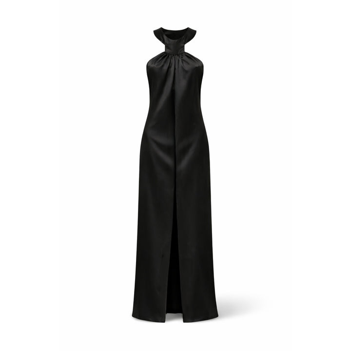 rochie lungă satin negru, rochie elegantă de gală, rochie designer damă, rochie ocazie premium, rochie halter satin, rochie neagră elegantă, rochie eveniment femei, rochie sofisticată modernă