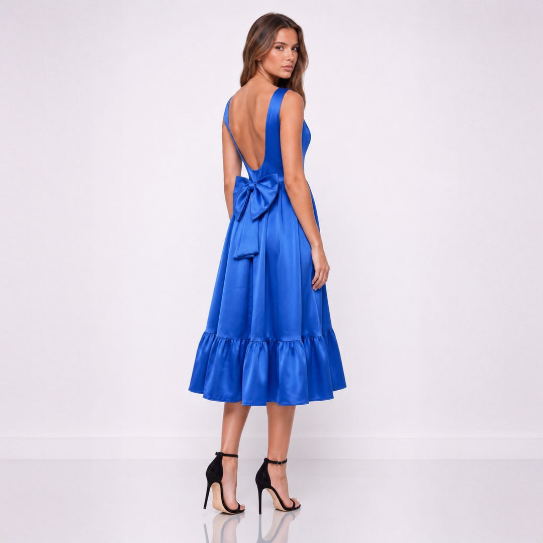 Rochie Albastru Satinat Midi, Spate Gol și Fustă Cloș | Ediție Limitată