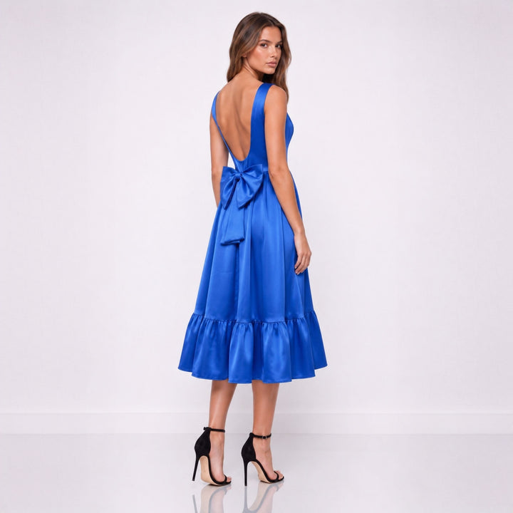 Rochie Albastru Satinat Midi, Spate Gol și Fustă Cloș | Ediție Limitată