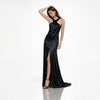 rochie lungă satin negru, rochie elegantă de gală, rochie designer damă, rochie ocazie premium, rochie halter satin, rochie neagră elegantă, rochie eveniment femei, rochie sofisticată modernă