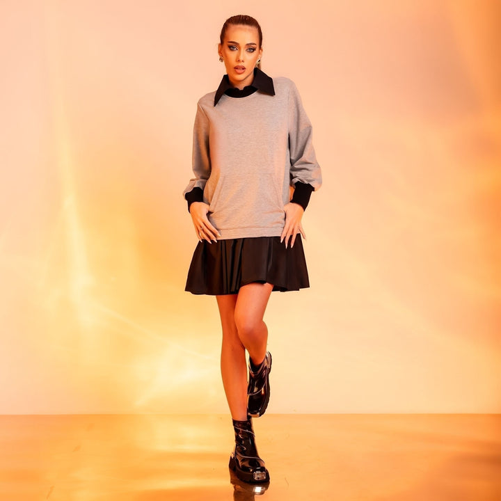 Rochie hanorac gri cu insertii tip camasa