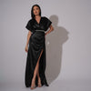 Rochie lunga din satin negru cu drapaje laterale