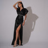 Rochie lunga din satin negru cu drapaje laterale