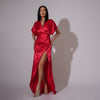 Rochie lunga din satin rosu cu drapaje laterale si bust kimono