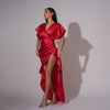 Rochie lunga din satin rosu cu drapaje laterale si bust kimono