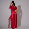 Rochie lunga din satin rosu cu drapaje laterale si bust kimono