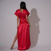 Rochie lunga din satin rosu cu drapaje laterale si bust kimono