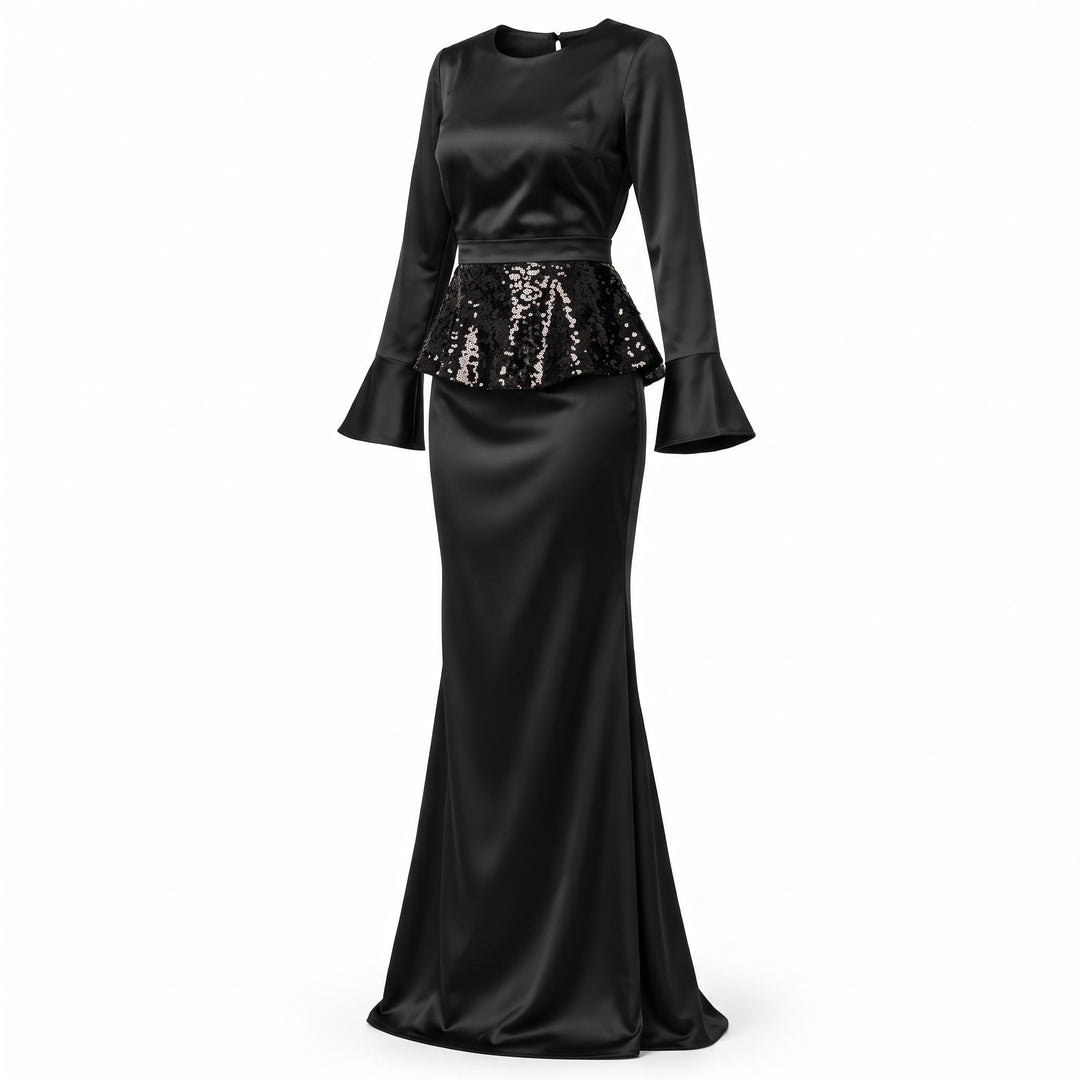 PRET SPECIAL DE LANSARE! Rochie lungă neagră din mătase vegetală cu peplum detașabil din paiete