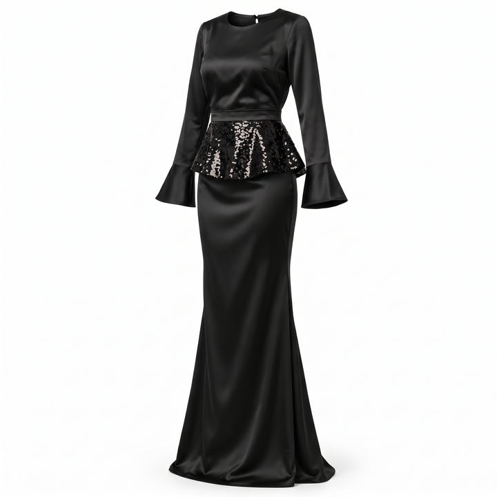 PRET SPECIAL DE LANSARE! Rochie lungă neagră din mătase vegetală cu peplum detașabil din paiete