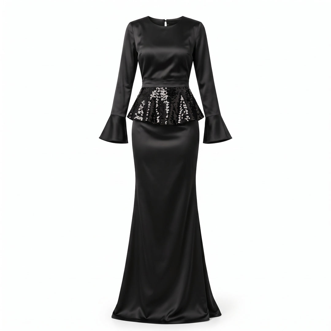 PRET SPECIAL DE LANSARE! Rochie lungă neagră din mătase vegetală cu peplum detașabil din paiete