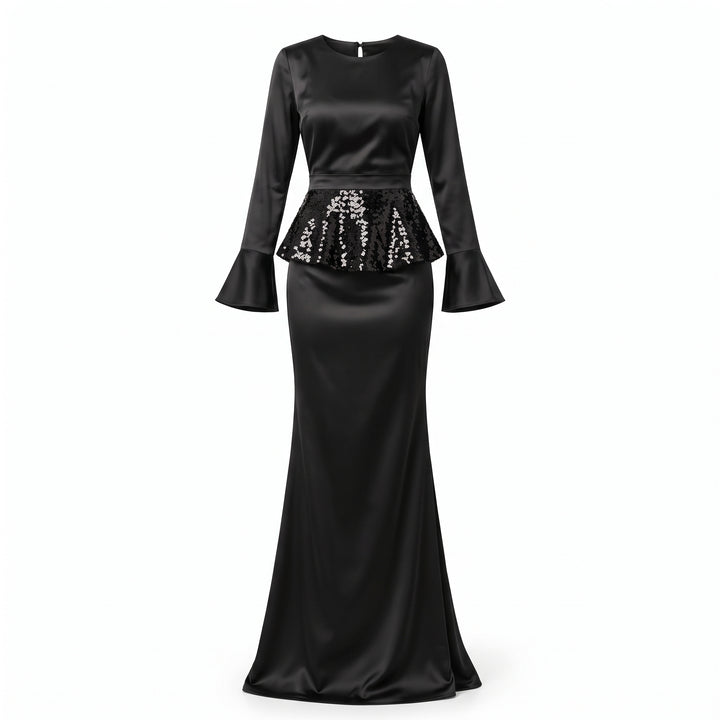 PRET SPECIAL DE LANSARE! Rochie lungă neagră din mătase vegetală cu peplum detașabil din paiete