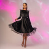 Rochie midi din catifea neagra cu fusta clos si volane din tulle