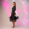 Rochie midi din catifea neagra cu fusta clos si volane din tulle