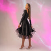 Rochie midi din catifea neagra cu fusta clos si volane din tulle