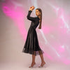 Rochie midi din catifea neagra cu fusta clos si volane din tulle
