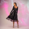Rochie midi din catifea neagra cu fusta clos si volane din tulle