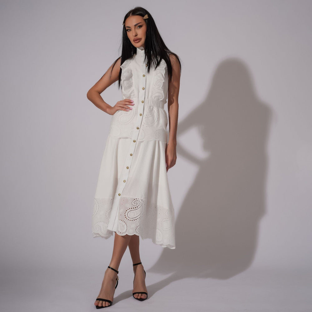 Rochie midi din in alb cu volane brodate
