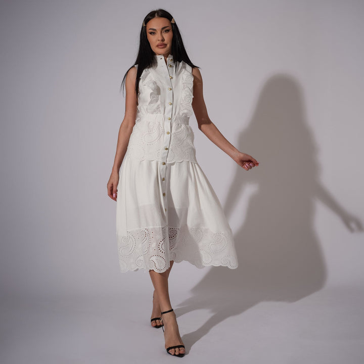 Rochie midi din in alb cu volane brodate