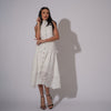 Rochie midi din in alb cu volane brodate