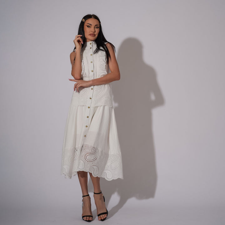 Rochie midi din in alb cu volane brodate