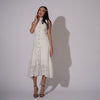 Rochie midi din in alb cu volane brodate