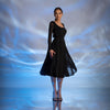 Rochie midi din tulle elastic negru cu fusta clos si spate transparent