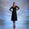 Rochie midi din tulle elastic negru cu fusta clos si spate transparent