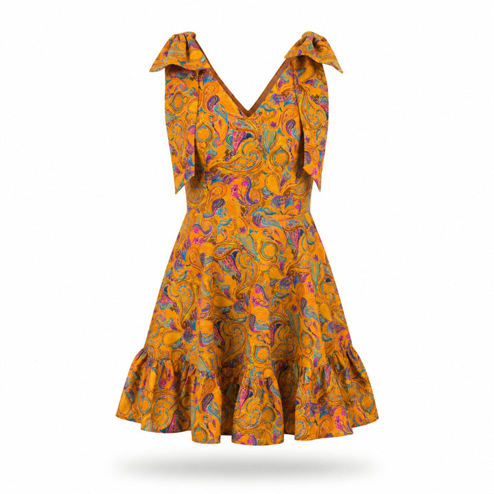 Rochie mini din material natural 100% cu fusta clos si  funde pe umeri