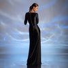 Rochie neagra lunga silk touch cu nasturi metalici pe spate