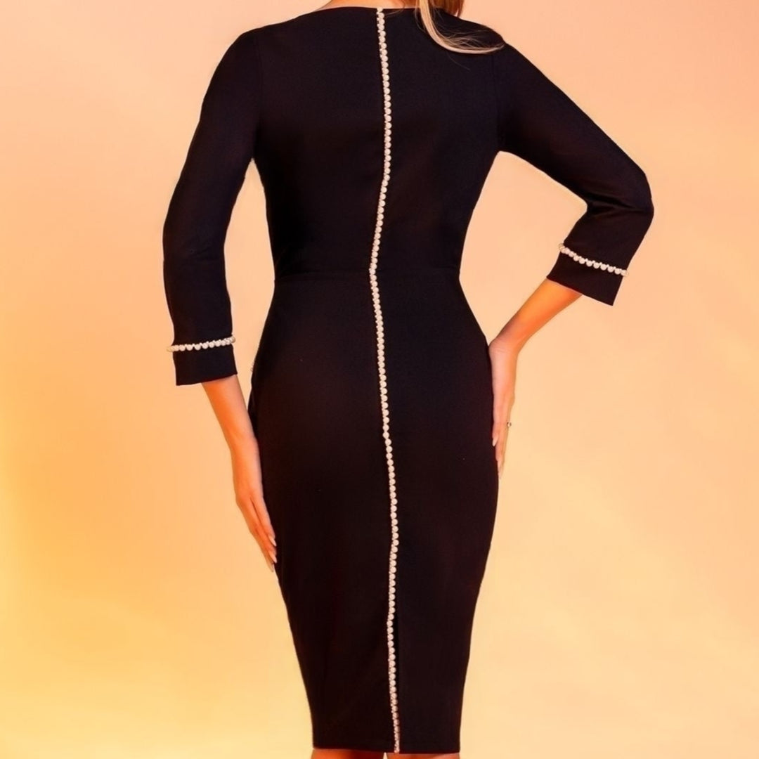 Rochie rafinata midi bleumarin cu perle Old Money Elegant și sofisticat