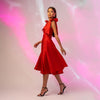 Rochie rosie midi din tafta sidefata cu bust tip corset si funde pe umeri