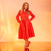 Rochie rosie tip camasa cu fusta midi cu pliuri 