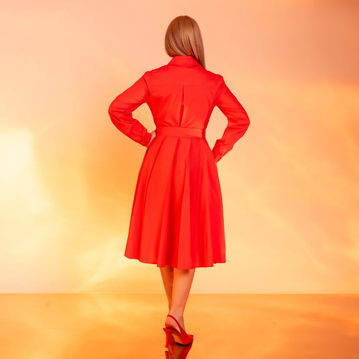 Rochie rosie tip camasa cu fusta midi cu pliuri 