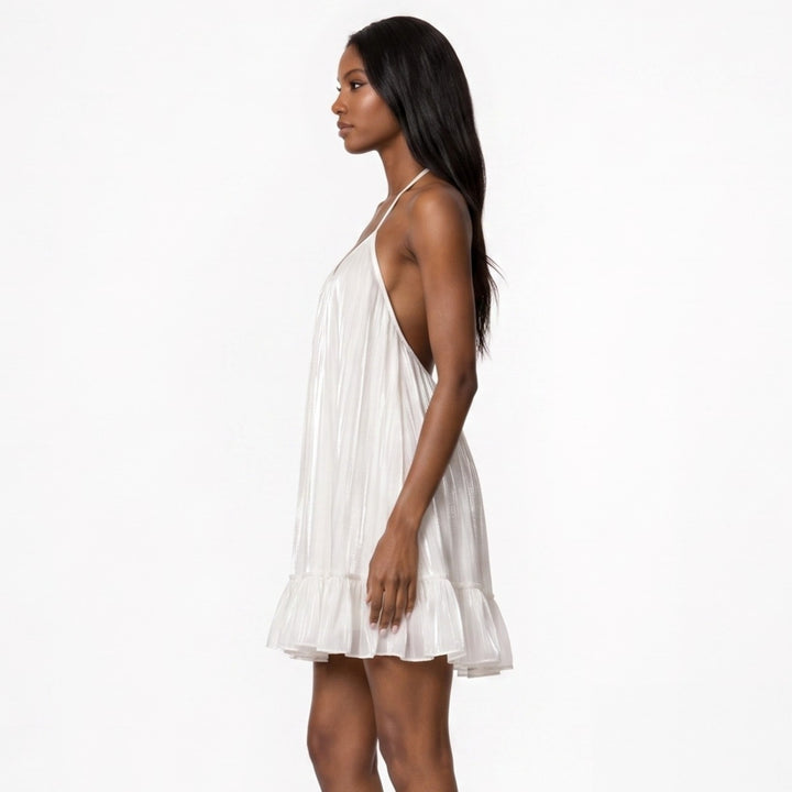 Rochie albă scurtă cu spatele gol din voal de mătase vegetală Moonlight Muse