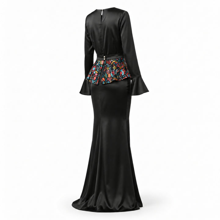 Rochie lungă neagră din mătase vegetală cu peplum detașabil din paiete printate