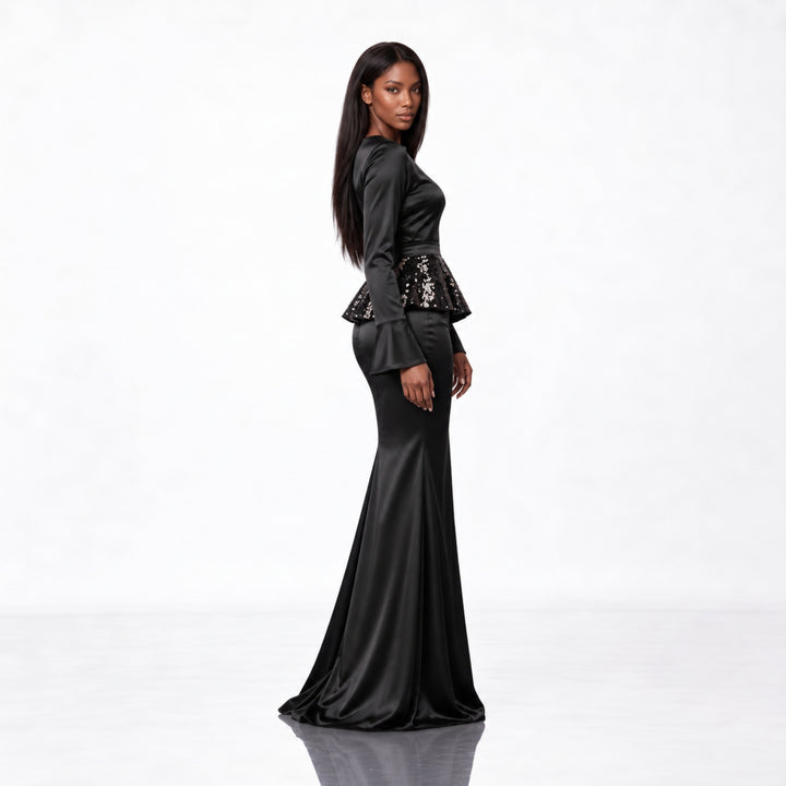 PRET SPECIAL DE LANSARE! Rochie lungă neagră din mătase vegetală cu peplum detașabil din paiete