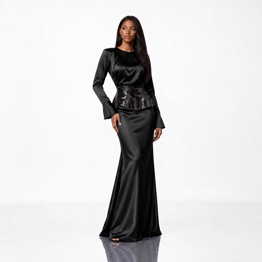 PRET SPECIAL DE LANSARE! Rochie lungă neagră din mătase vegetală cu peplum detașabil din paiete